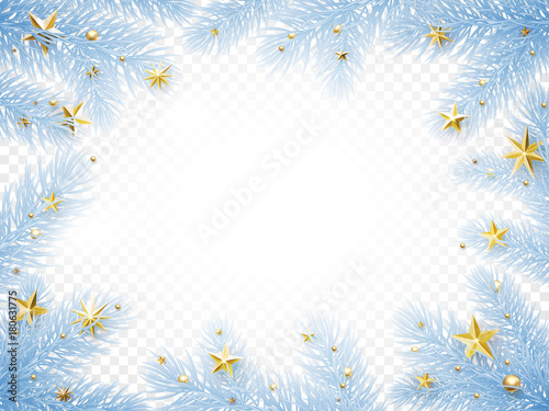 Christmas holiday greeting card background template of New Year fir tree branch wreath frame with frost and golden stars confetti. Vector Christmas or New Year decoration design on transparent white