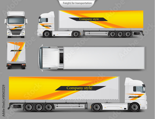 Set of vector 3d realistic icons of cargo truck, trailer front, back, top and side view isolated on gray background. Mock up, template brand design for truck, company style, identity