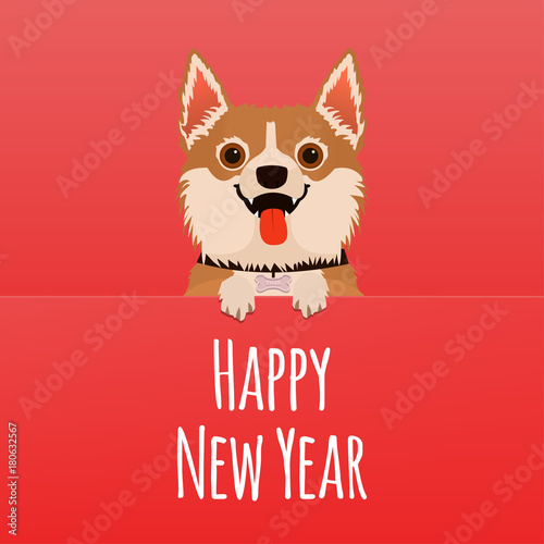 Happy New Year. Dog with big banner. Template for greeting card or poster. Vector illustration. © vpif