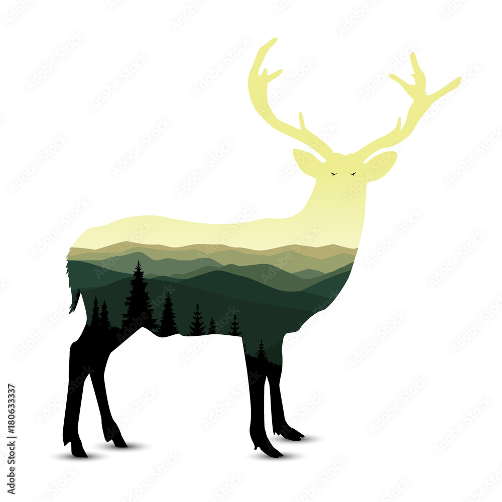 Silhouette of deer with mountain landscape. Green and yellow shades. Sunset.