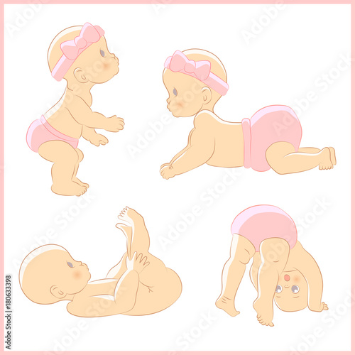 Set of vector illustrations with cute little newborn girl babies