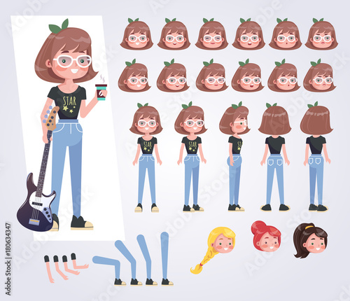 Happy teenager girl  character with guitar with various views, face emotions, poses