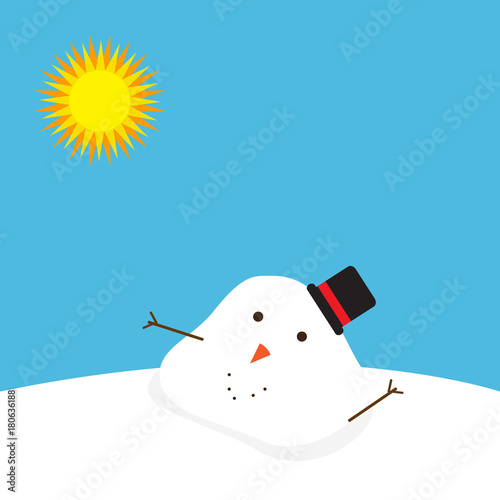 Snowman melted. flat vector illustration in cartoon style isolation on a blue background
