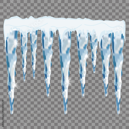 Set of snow icicles isolated on transparent background. Vector illustration