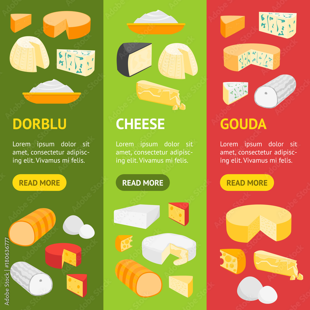 Cheese Product Dairy Banner Vecrtical Set. Vector Cheese Product Dairy Banner Vecrtical Set. Vector
