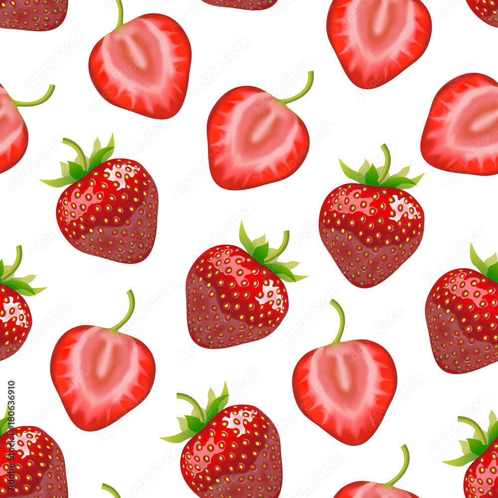 Realistic Detailed Strawberry Whole and a Half Background Pattern. Vector