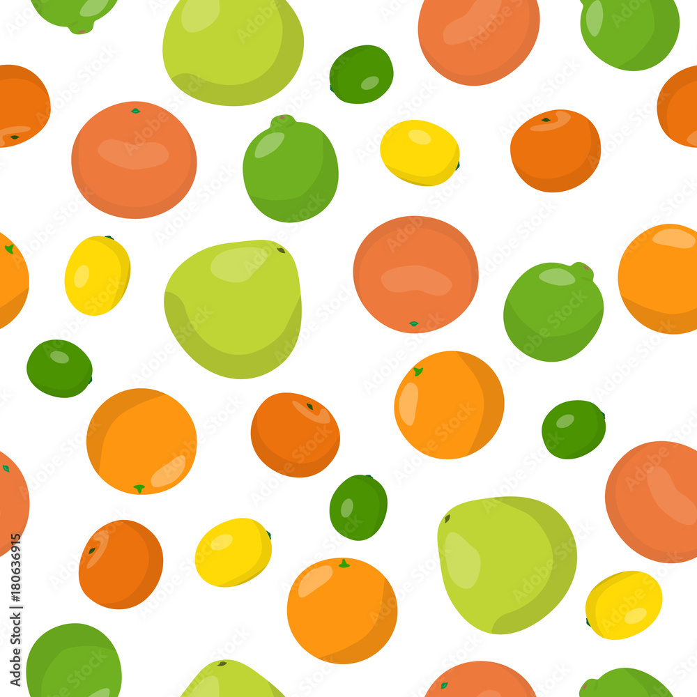 Vector seamless pattern illustration citrus fruits. Orange, lemon, lime, pomelo, mandarin, grapefruit
