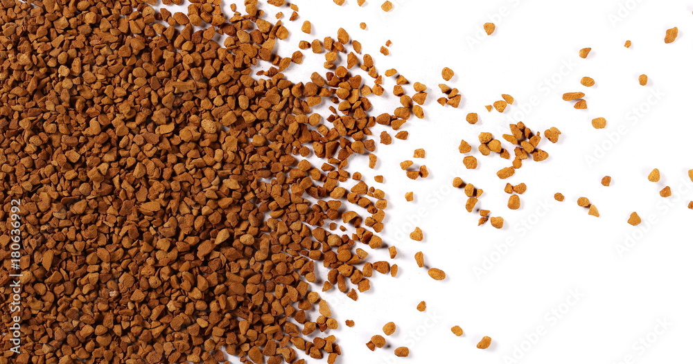 instant coffee grains isolated on white background and texture, top view instant coffee grains isolated on white background and texture, top view