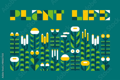 Poster with plant life lettering and wild herbs in flat style