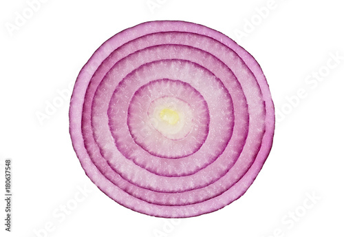 Sliced red onion rings on a white background. Top view.