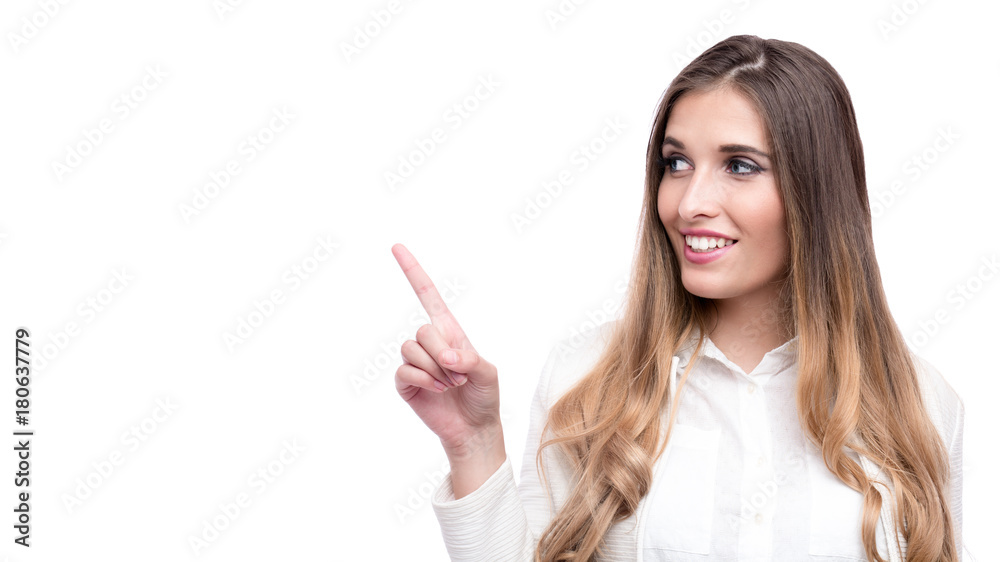 Happy beautiful businesswoman pointing on something isolated on white background Happy beautiful businesswoman pointing on something isolated on white background