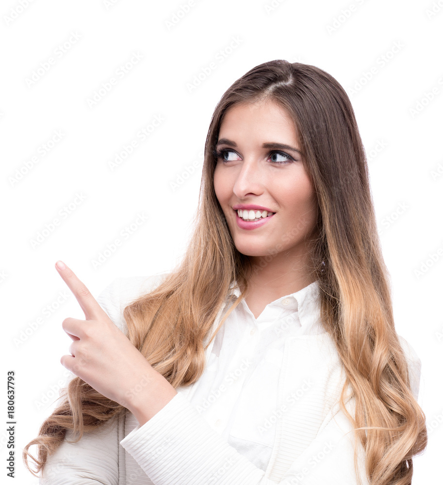 Happy beautiful businesswoman pointing on something isolated on white background Happy beautiful businesswoman pointing on something isolated on white background