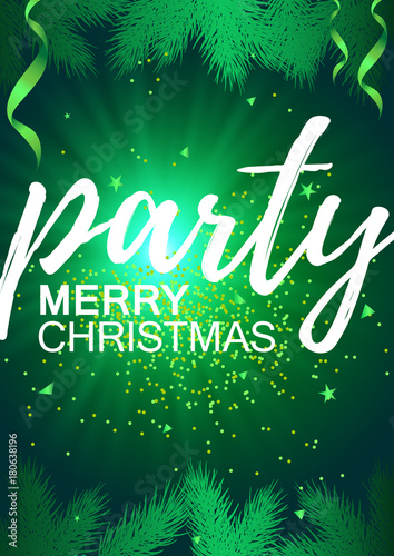 Merry Christmas! Party holiday announcement poster design web banner background vector illustration, Christmas tree branches