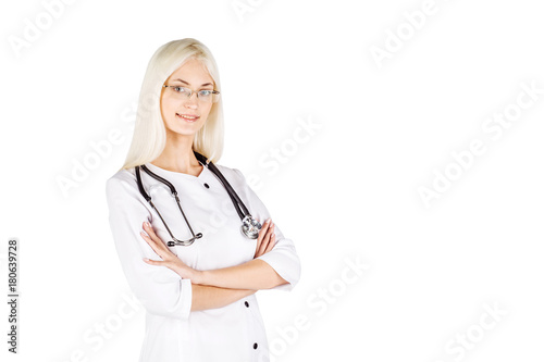 female doctor with stethoscope on a white background