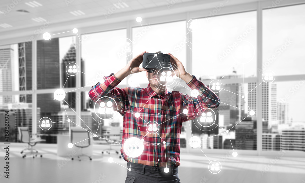 Naklejka premium Guy wearing checked shirt and virtual mask demonstrating some emotions