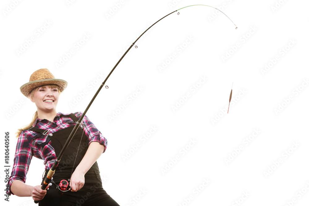 Happy woman in sun hat holding fishing rod Happy woman in sun hat holding fishing rod