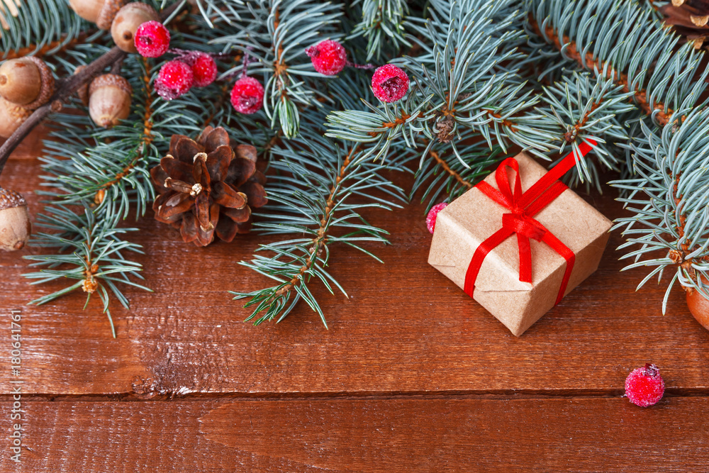 Christmas gift and green branch decoration Christmas gift and green branch decoration