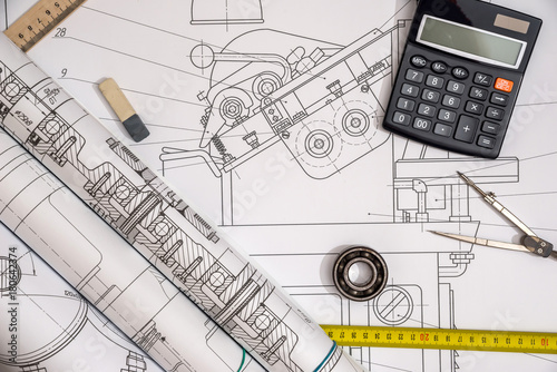 The engineering drawing with work tools