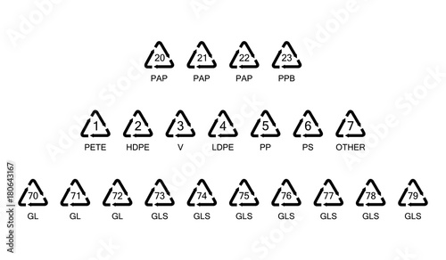 Vector illustration set, collection of glass, paper and plastic recycle, recycling symbols, signs or codes isolated on white background for packaging.