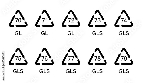 Vector illustration of collection glass recycling symbols  signs  icons for different types of glass material set.