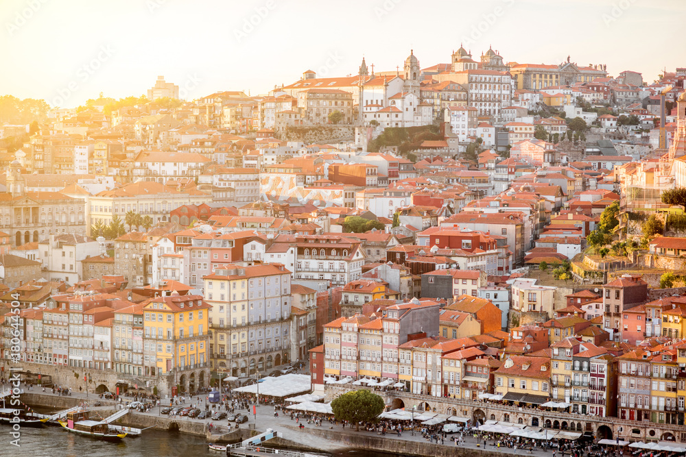 Aerial landscape view on the old town of Porto during the sunset in Portugal