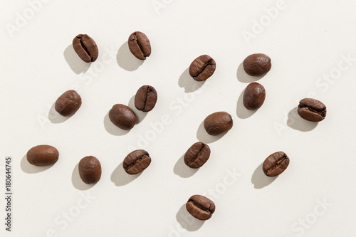 coffee beans seed. Top view of scattered grains.