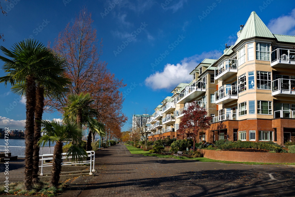 Promenade  quay at Residential District in New Westvinster, beautiful sunny day, autumn.