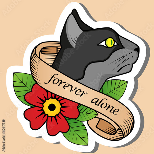 Sketch of old school tattoo. A sketch of a wild cat, with yellow eyes tattoo with flower and sign forever alone. The sketch is made in warm colors. Hipster, youth old school picture for boys and girls