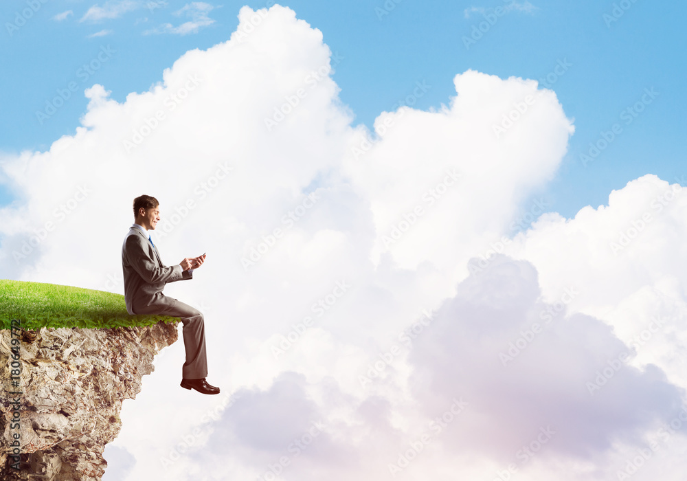Businessman in suit with smartphone in hands send message Businessman in suit with smartphone in hands send message