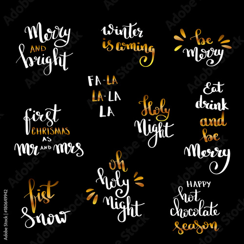Christmas hand drawn lettering Design set. Handwritten Christmas quotes and wishes modern calligraphy lettering
