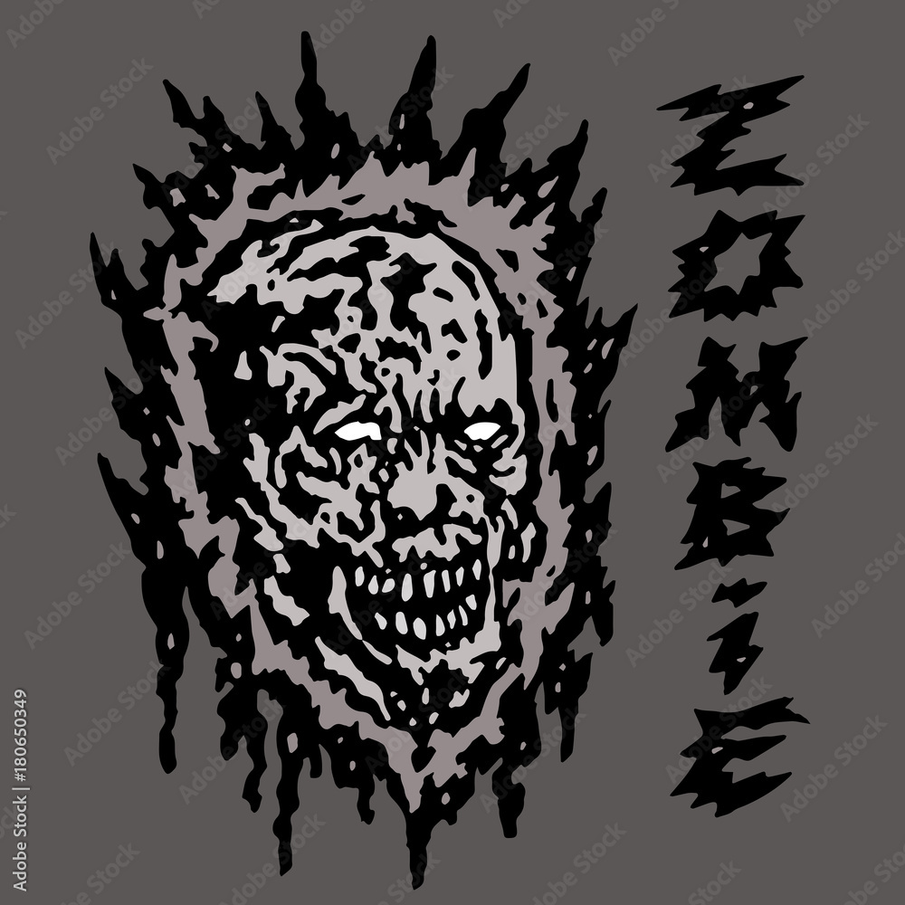 Fototapeta premium Creepy gray zombie head. Vector illustration.