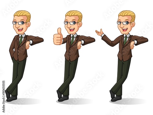 Set of blonde businessman in brown suit cartoon character design stand leaning against, isolated against white background.