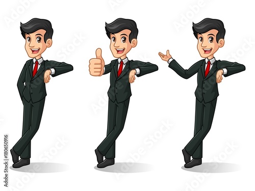 Set of businessman in black suit cartoon character design stand leaning against, isolated against white background.