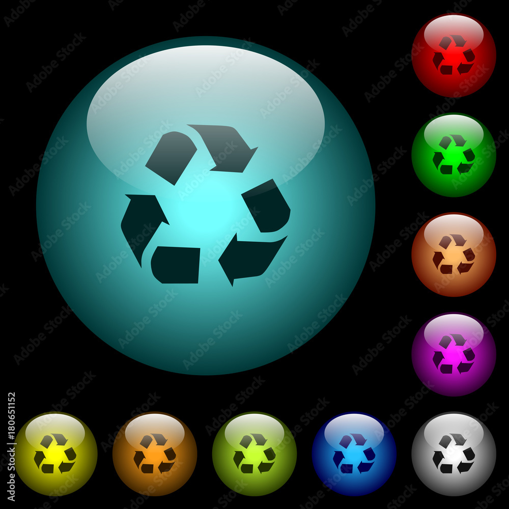 Recycling icons in color illuminated glass buttons Recycling icons in color illuminated glass buttons