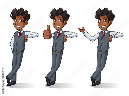 Set of businessman in vest cartoon character design stand leaning against, isolated against white background.