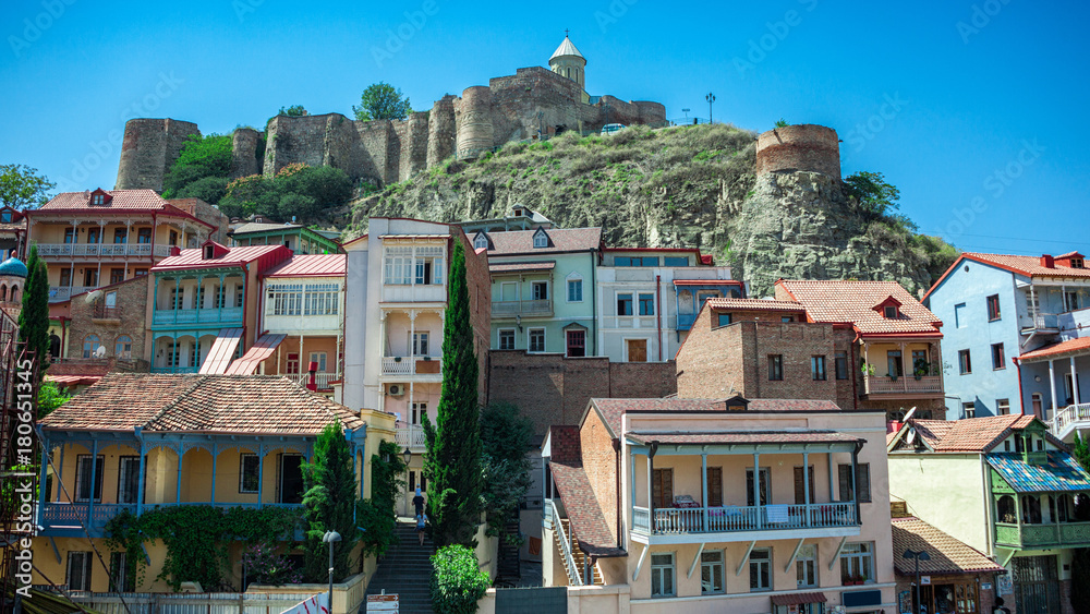 Balconies and Narikala Fortress in Tbilisi, Georgia