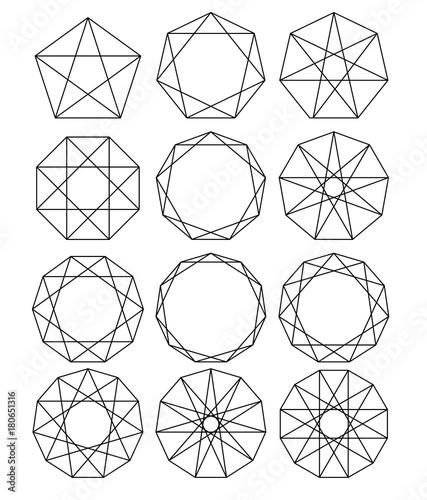 Set of geometric shapes. Sacred Geometry. lines crossing the polygon inscribed in a circle. White lines on a black background. Outline Mandala frames. Crystal form. Vector illustrations