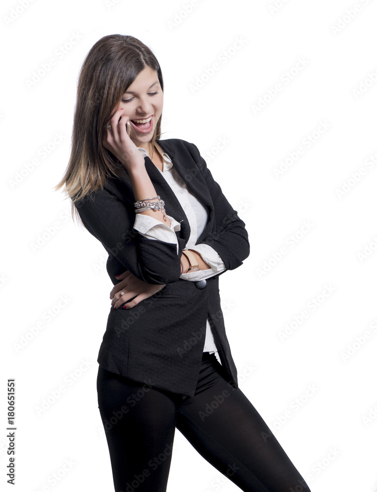 Elegant caucasian business woman speaks by mobile phone a white background Elegant caucasian business woman speaks by mobile phone a white background