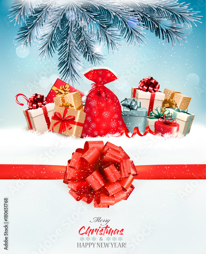 Holiday Christmas background with a sack full of gift boxes and branches of tree. Vector.