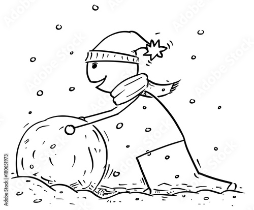 Man Making Large Snowman Snowball during Winter Snowfall