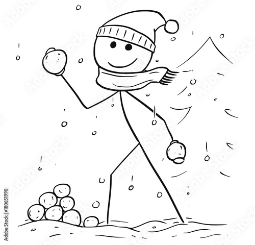 Man Holding and Throwing Snowball during Winter Snowfall