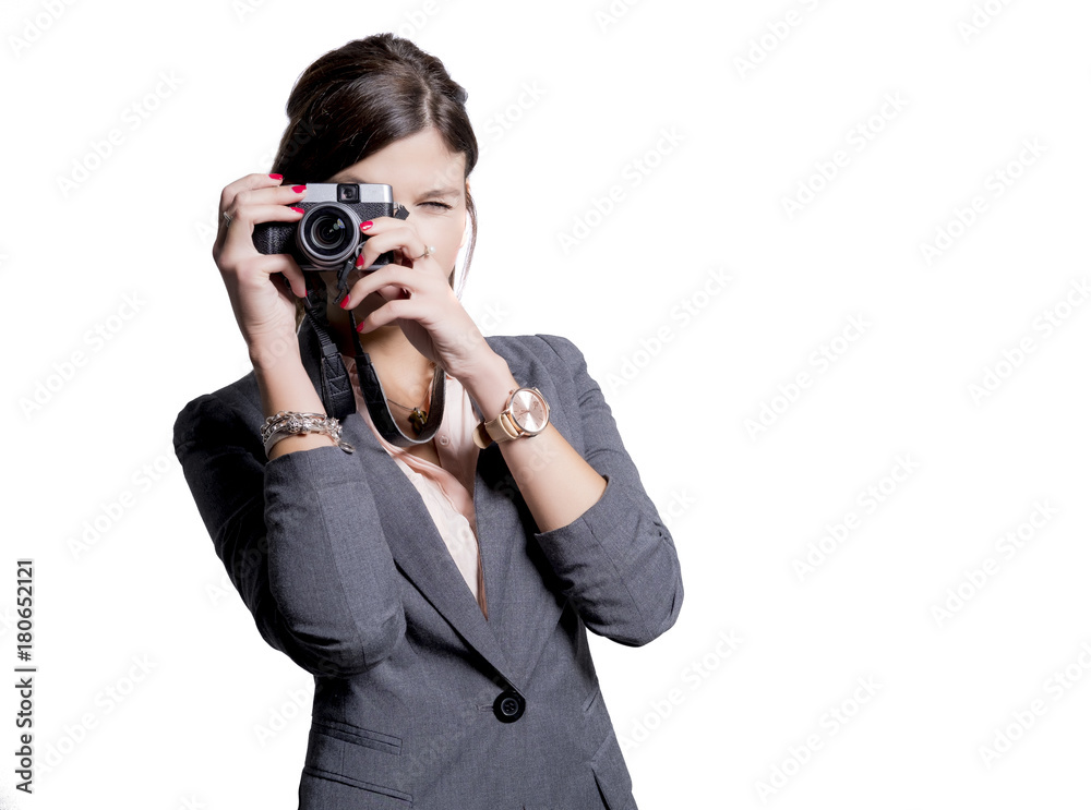 beautifull caucasian woman take photos with camera on isolated white background beautifull caucasian woman take photos with camera on isolated white background