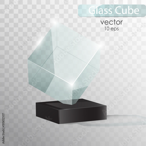 Glass cube on a stand. Glass Trophy Award. Vector illustration isolated on transparent background. Presentation of a new product. Realistic 3D design. Realistic vector transparent object 10 eps