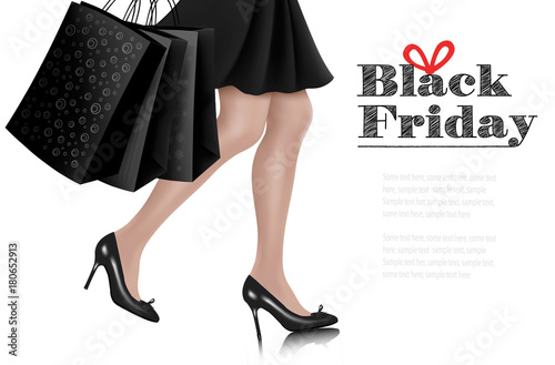 Black Friday sale background with elegant shopping woman and shopping bags. Vector