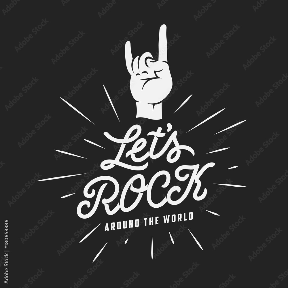 Let's rock typography. Rock on hand gesture. Vector vintage illustration. Let's rock typography. Rock on hand gesture. Vector vintage illustration.
