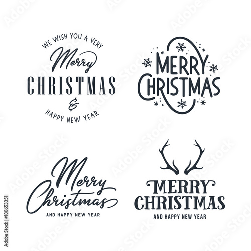 Merry Christmas and Happy New Year typography set. Vector vintage illustration.