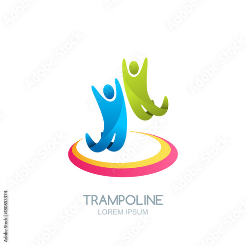 Vector trampoline sport logo emblem design template. Isolated colorful illustration of jumping people or children on trampoline. Kids activity, fun park or sports competitions concept.