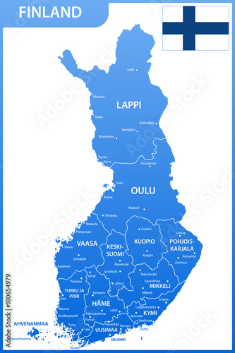 The detailed map of the Finland with regions or states and cities, capitals, national flag