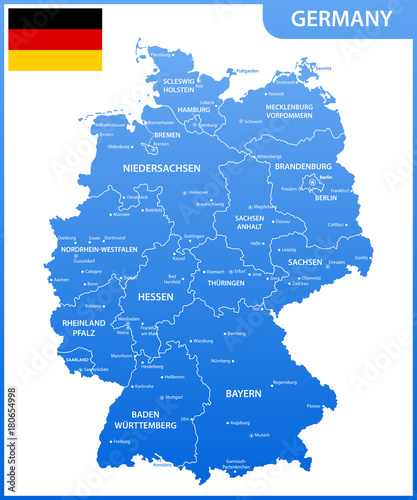 The detailed map of the Germany with regions or states and cities, capitals, national flag