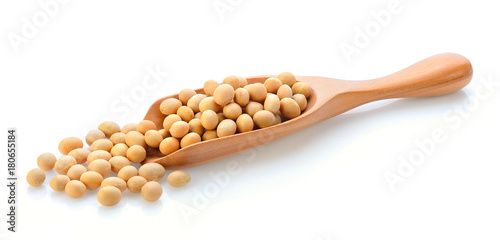 soy bean in wood scoop on white background